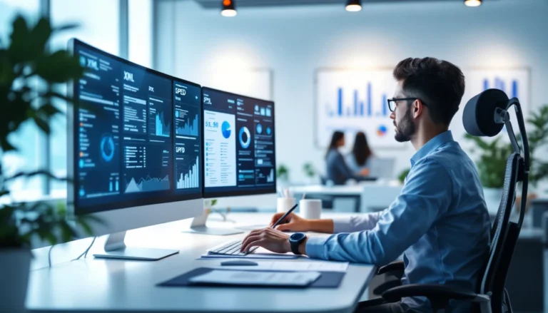 Profissional analisando dados fiscais em múltiplas telas de computador com gráficos e documentos XML destacados