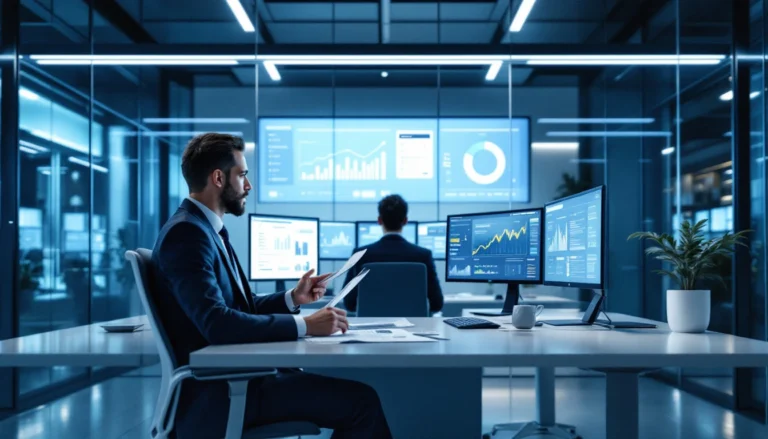 Empresário analisando documentos fiscais em escritório moderno com telas exibindo dashboards de conformidade tributária