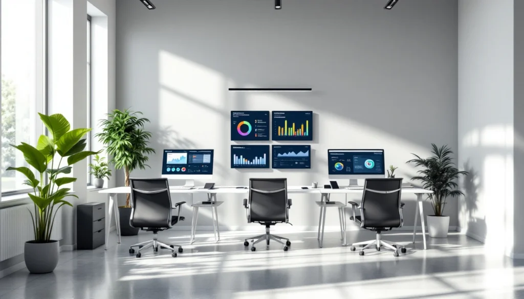 Profissional contábil analisando dashboards digitais com gráficos de crescimento e automação em escritório moderno
