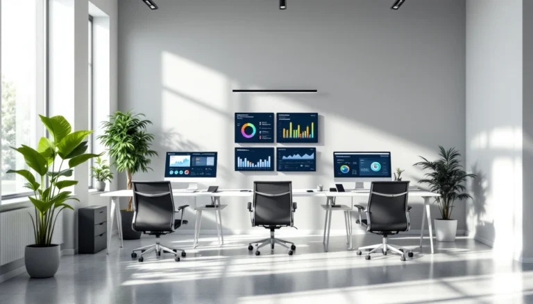 Profissional contábil analisando dashboards digitais com gráficos de crescimento e automação em escritório moderno